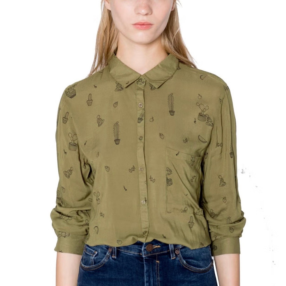 Pull&Bear Womens Olive Green Cactus Print Button Down Shirt Long‎ Sleeve Sz M